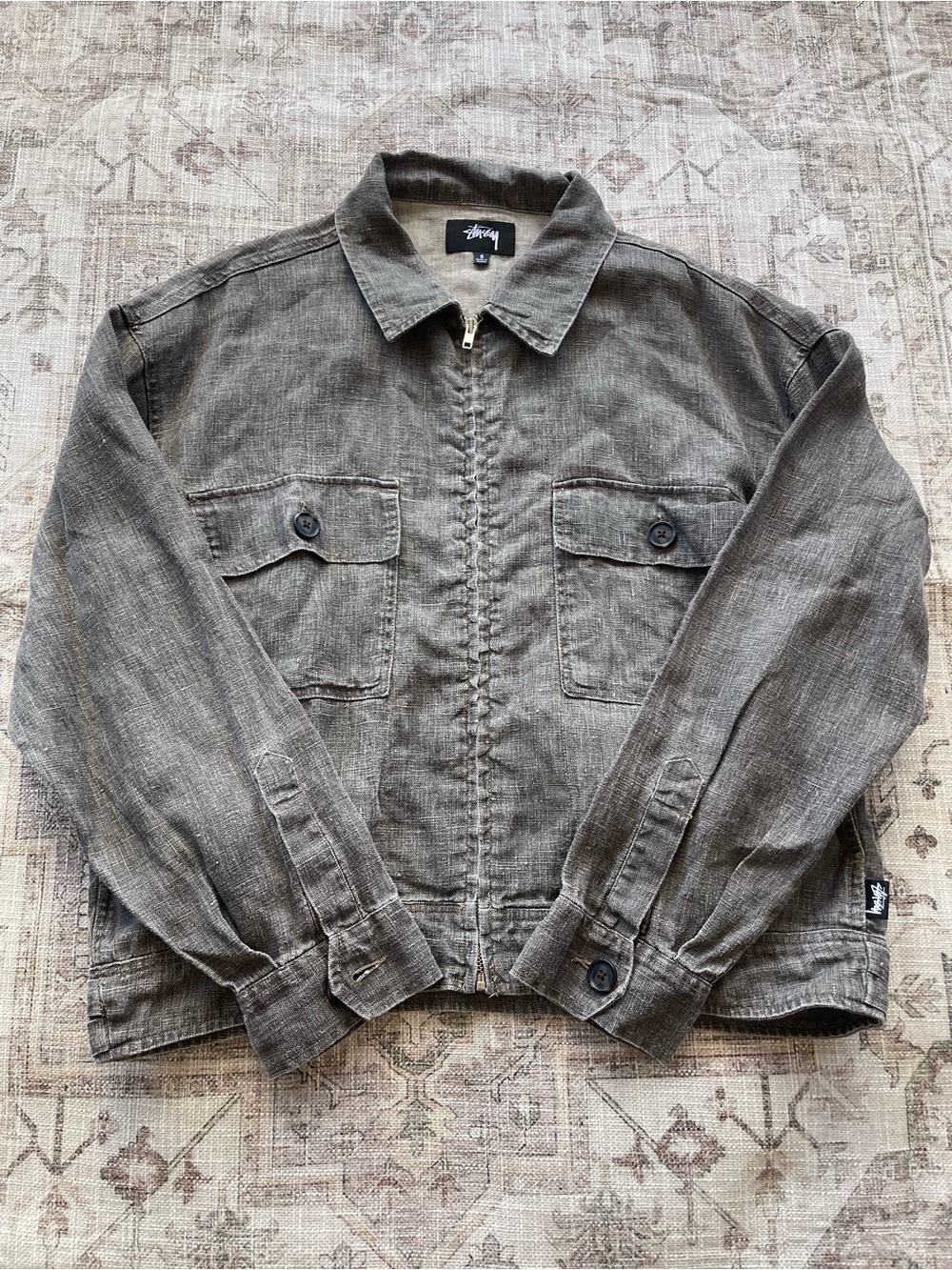 Stussy Boxy Gray Lightweight Linen Zip-Front Jacket